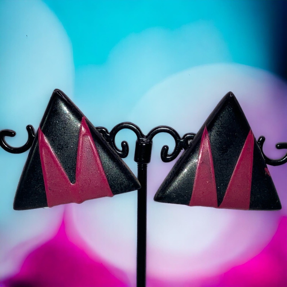 Vintage Black & Purple Wood Handmade Large Triangle Earrings!